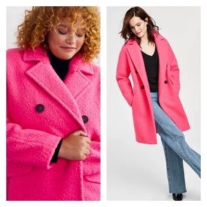 BCBG Hot Pink Double Breasted Boucle Walker Long Pea Coat XL NWT